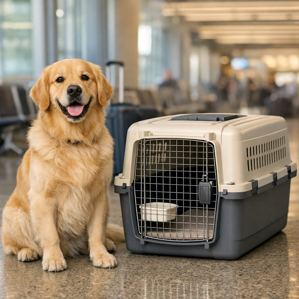 Golden retriever sitting beside a pet travel crate at an airport, Air India pet policy