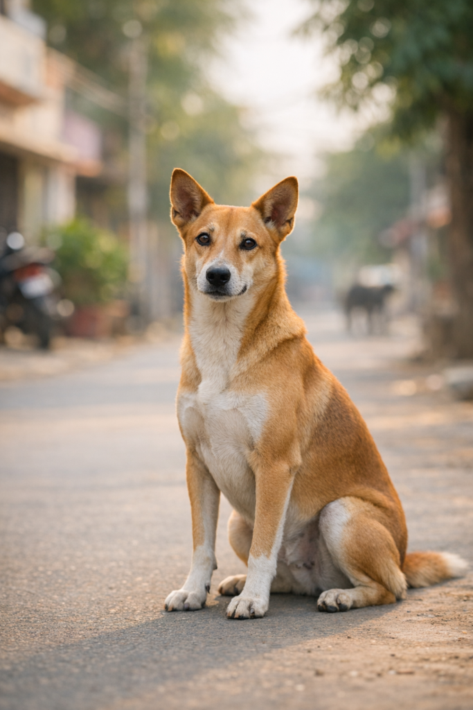 Indie dog sitting on a quiet street, dog travel in train