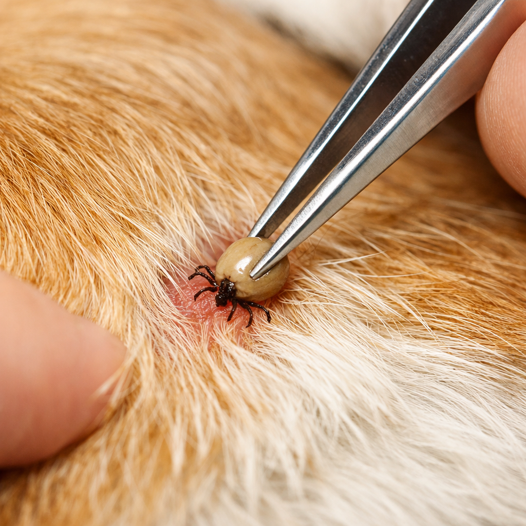 Tweezers gripping a tick close to a dog's skin, how to remove a tick from a dog
