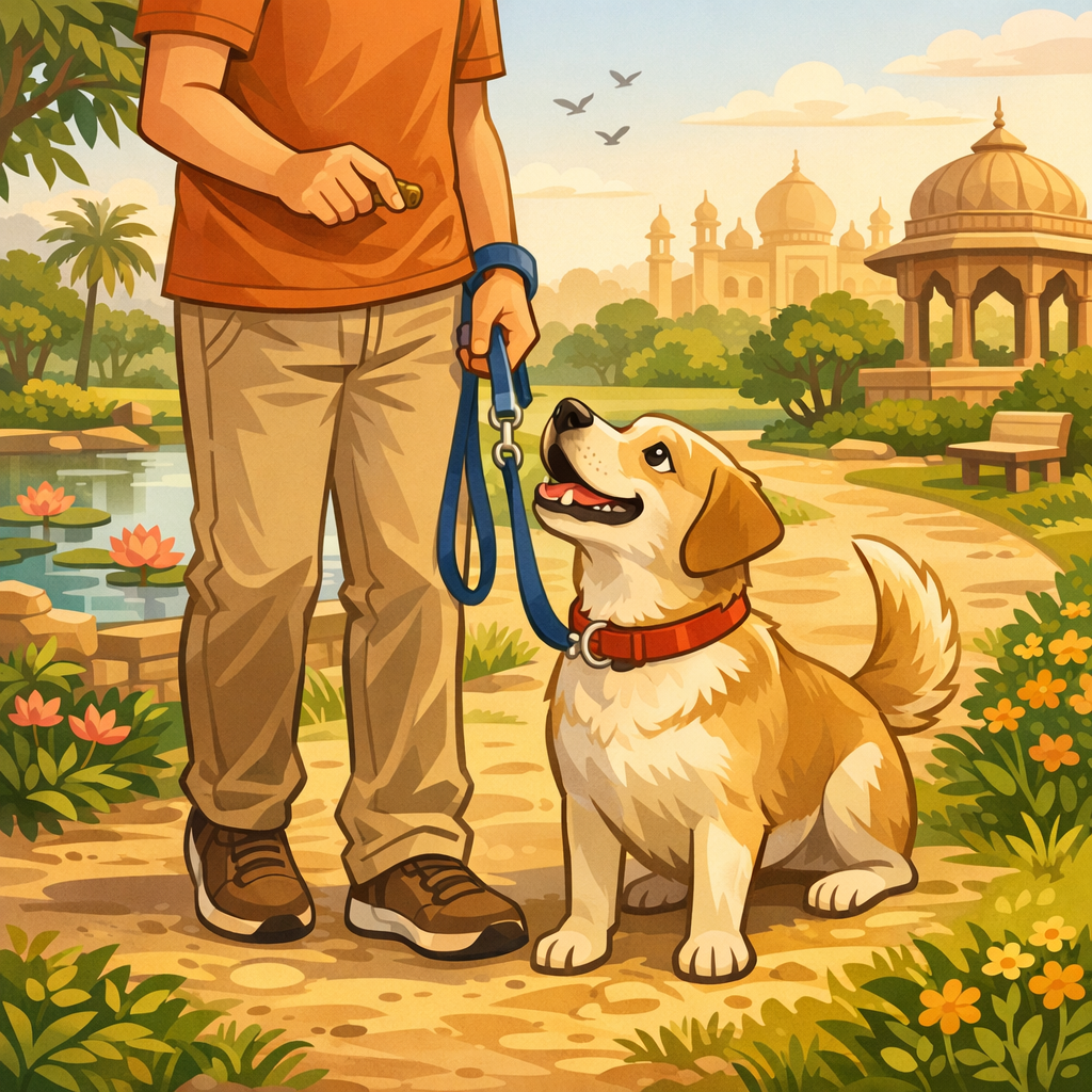 Illustration of a dog on a leash looking up at its owner on a walk, leash reactivity in dogs