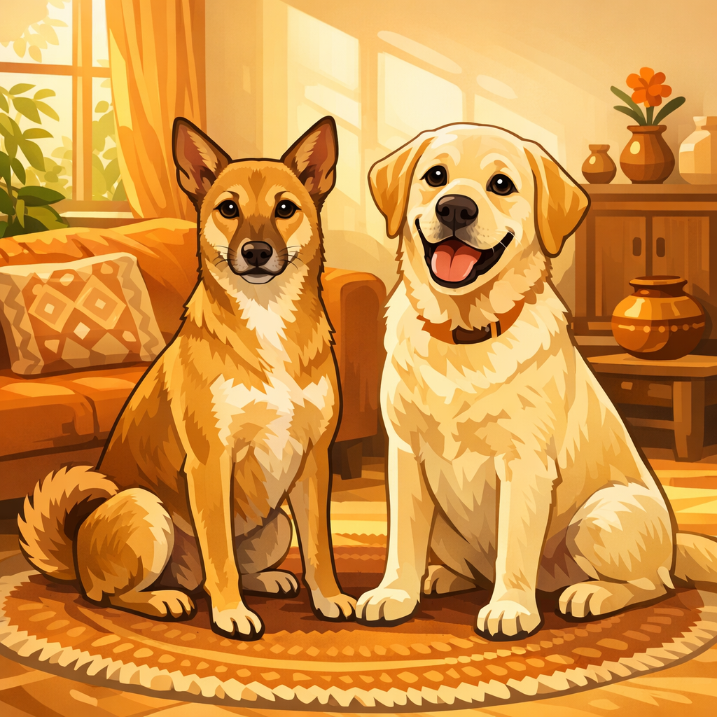 Illustration of an indie dog and a Labrador sitting on a rug, pet friendly cafes in Bangalore