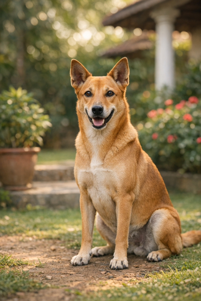 Indie dog sitting in a sunny garden, pet friendly resorts near Delhi