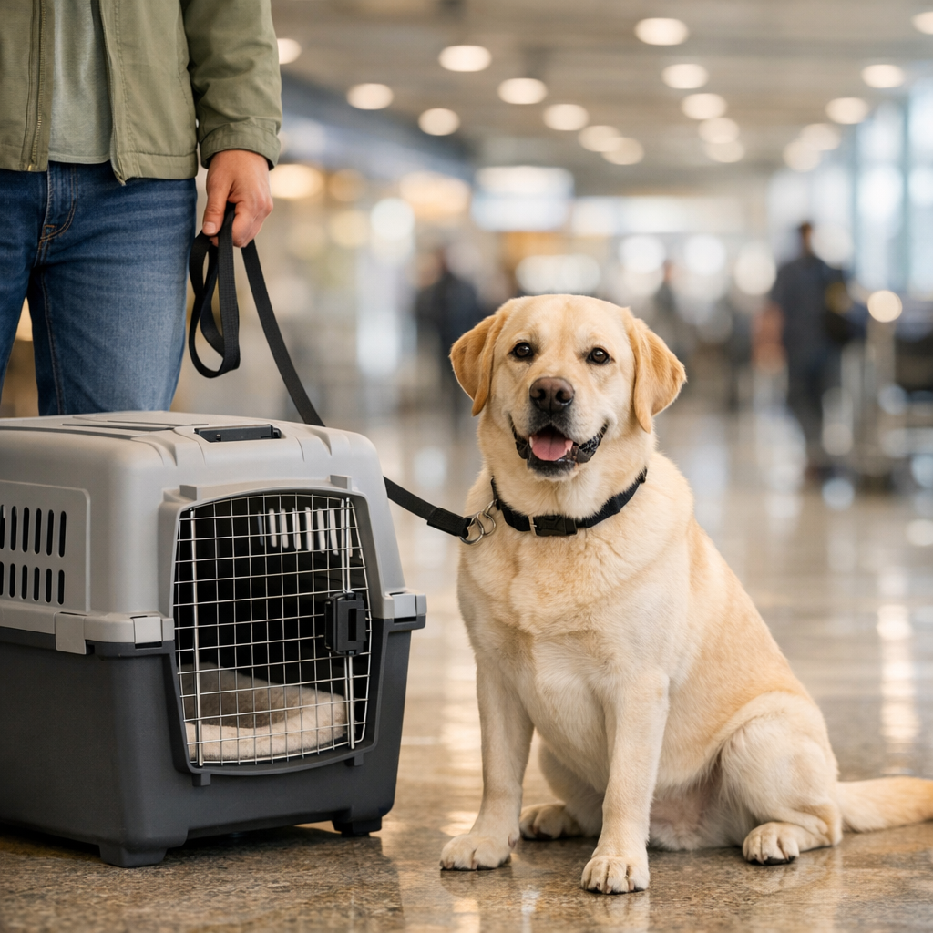 Labrador on a leash beside a pet travel crate at an airport, pet relocation in India