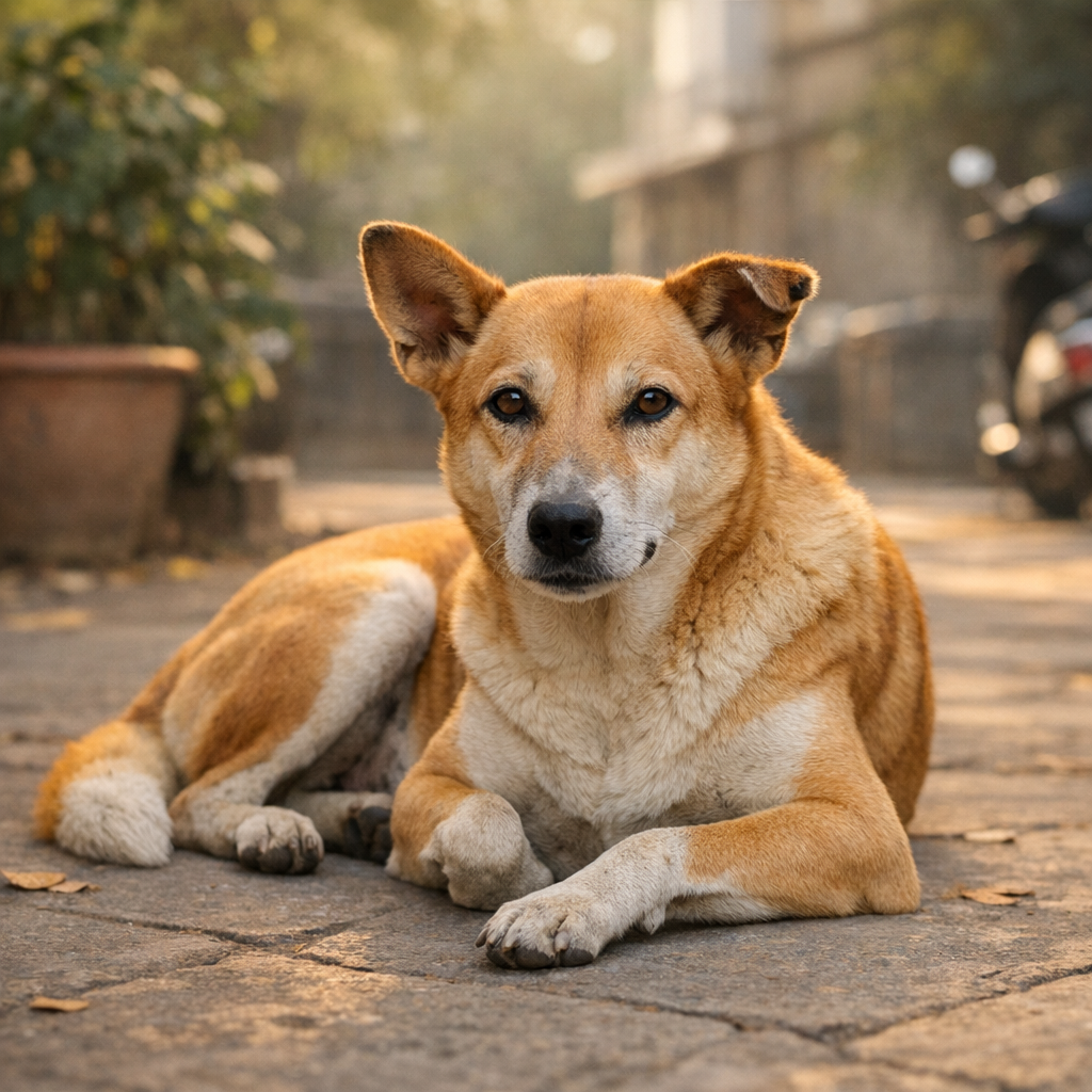Indie dog resting on a city street, street dog complaint number Mumbai